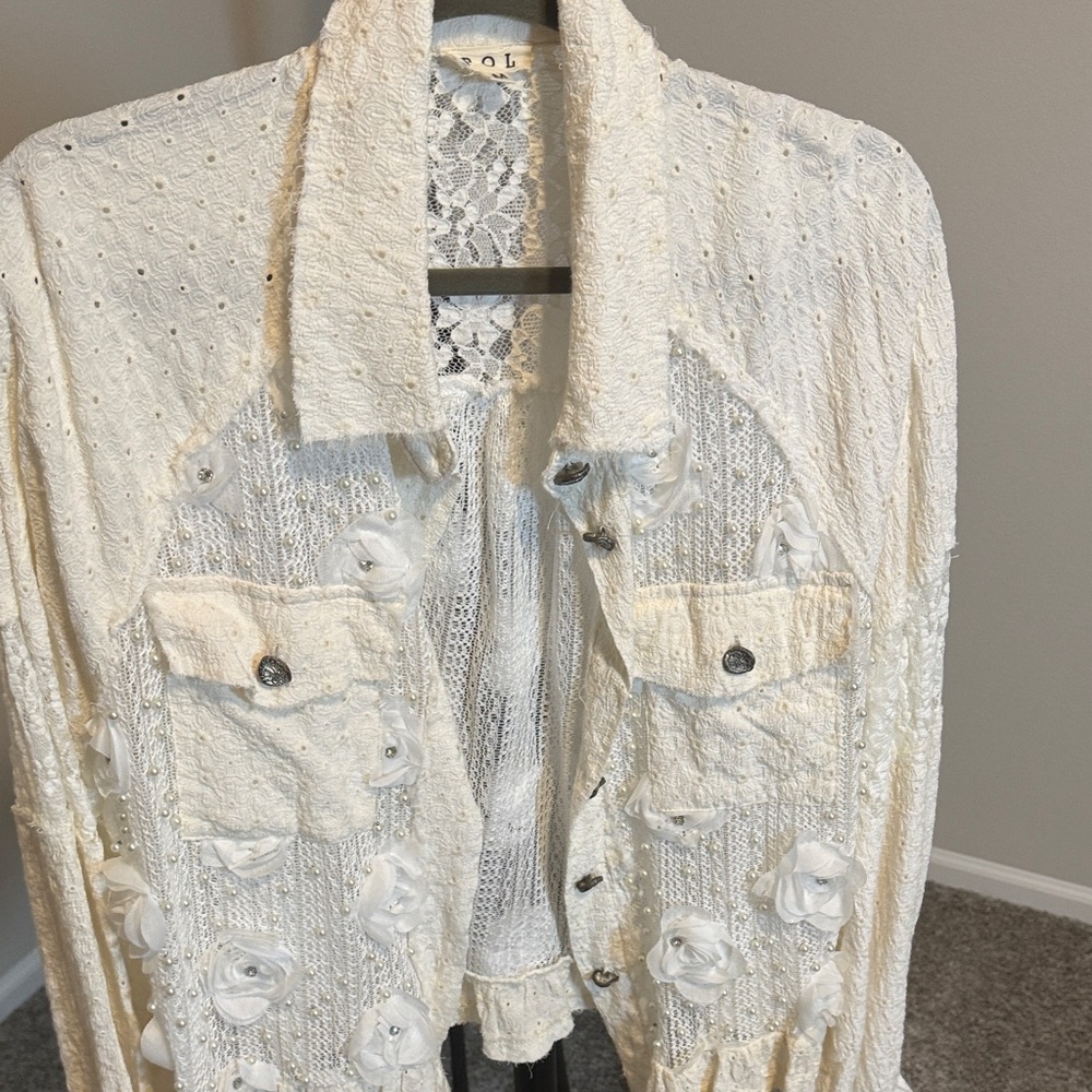 POL Cream Lace Jacket with Floral Accents